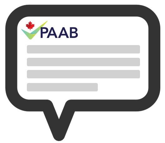 PAAB logo within a dark speech bubble, representing communication and message approval.