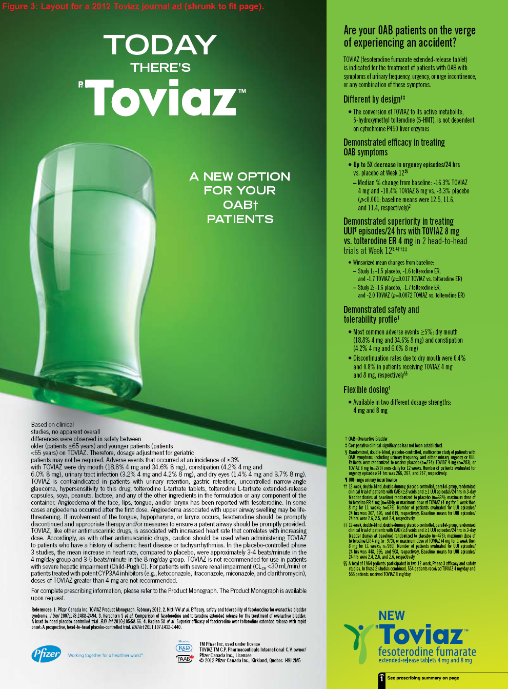 Advertisement for Toviaz. Green glass against a gradient background, with drug information text.