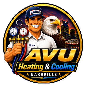 AVU Heating & Cooling Nashville logo with smiling technician, eagle, gauges, and city skyline on black background