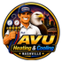 AVU Heating & Cooling Nashville logo with smiling technician, eagle, gauges, and city skyline