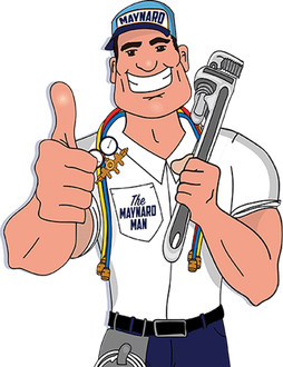 Smiling cartoon plumber in blue cap giving thumbs-up and holding a wrench, wearing overalls and tools.