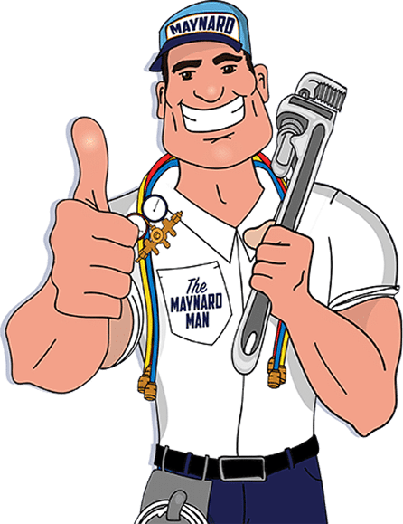 Cartoon plumber in white shirt and blue cap giving thumbs-up, holding a wrench and stethoscope, with 