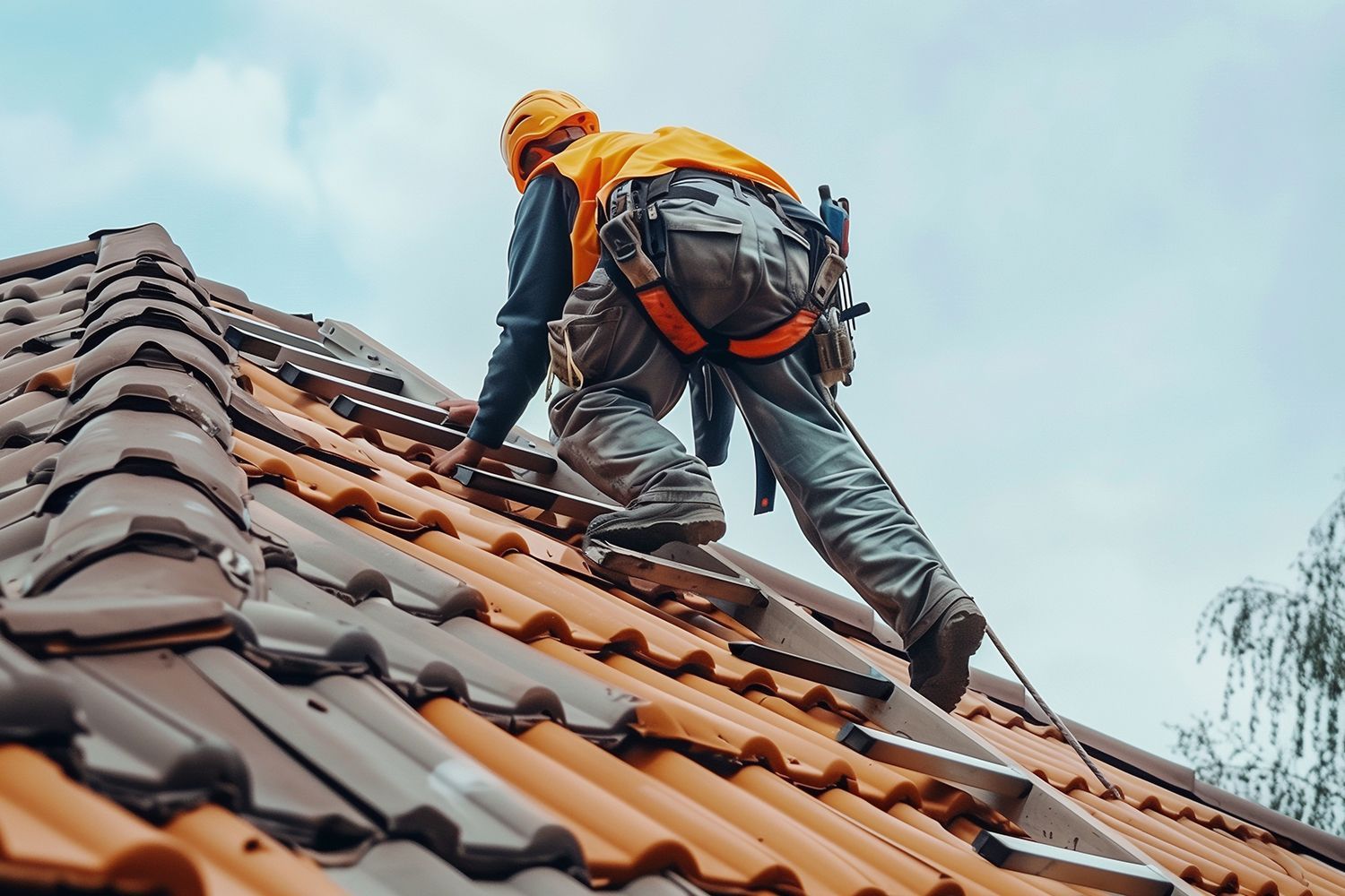 A man climbs a ladder to work on a roof, demonstrating the skills of a roofing contractor.