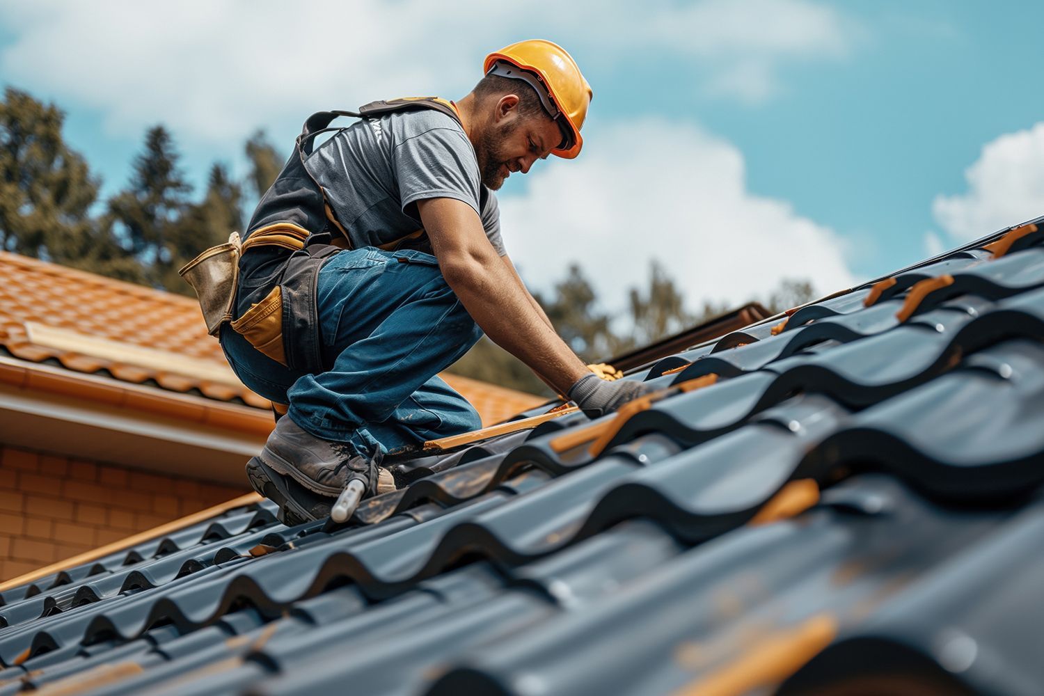 A roofer repairing a home’s roof, showcasing the work of a professional roofing contractor.
