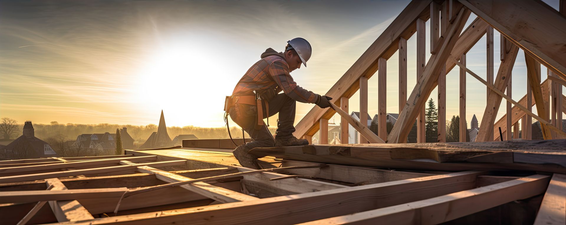 Roof worker building a wooden structure for house construction.