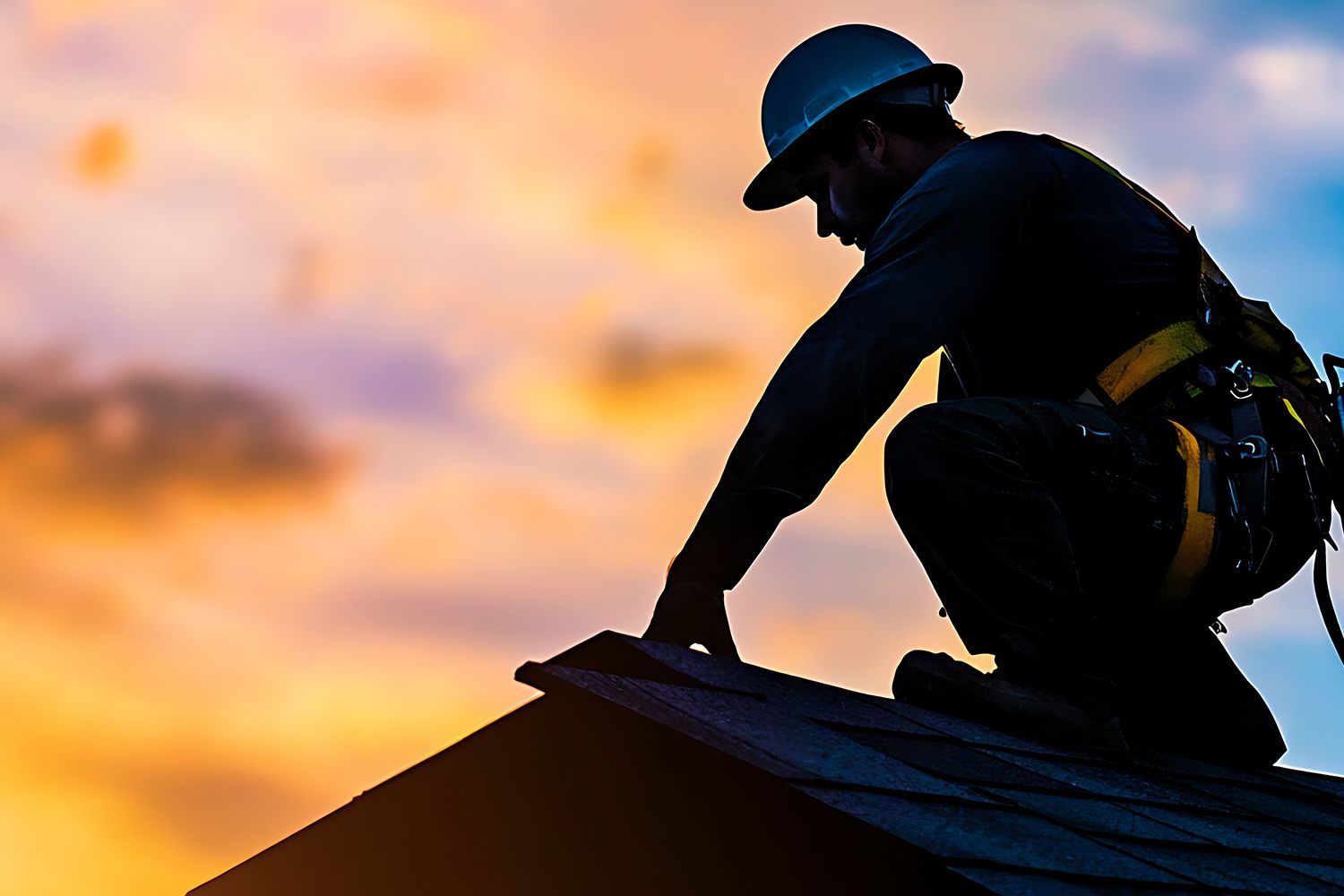 A silhouette of a roofer working atop a roof, against the backdrop of a vibrant and colorful sunset.