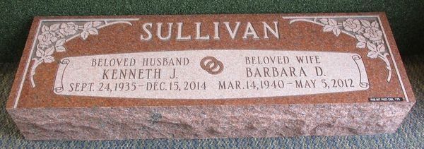 Gravestone of Kenneth J. and Barbara D. Sullivan, with names, dates, and wedding rings.