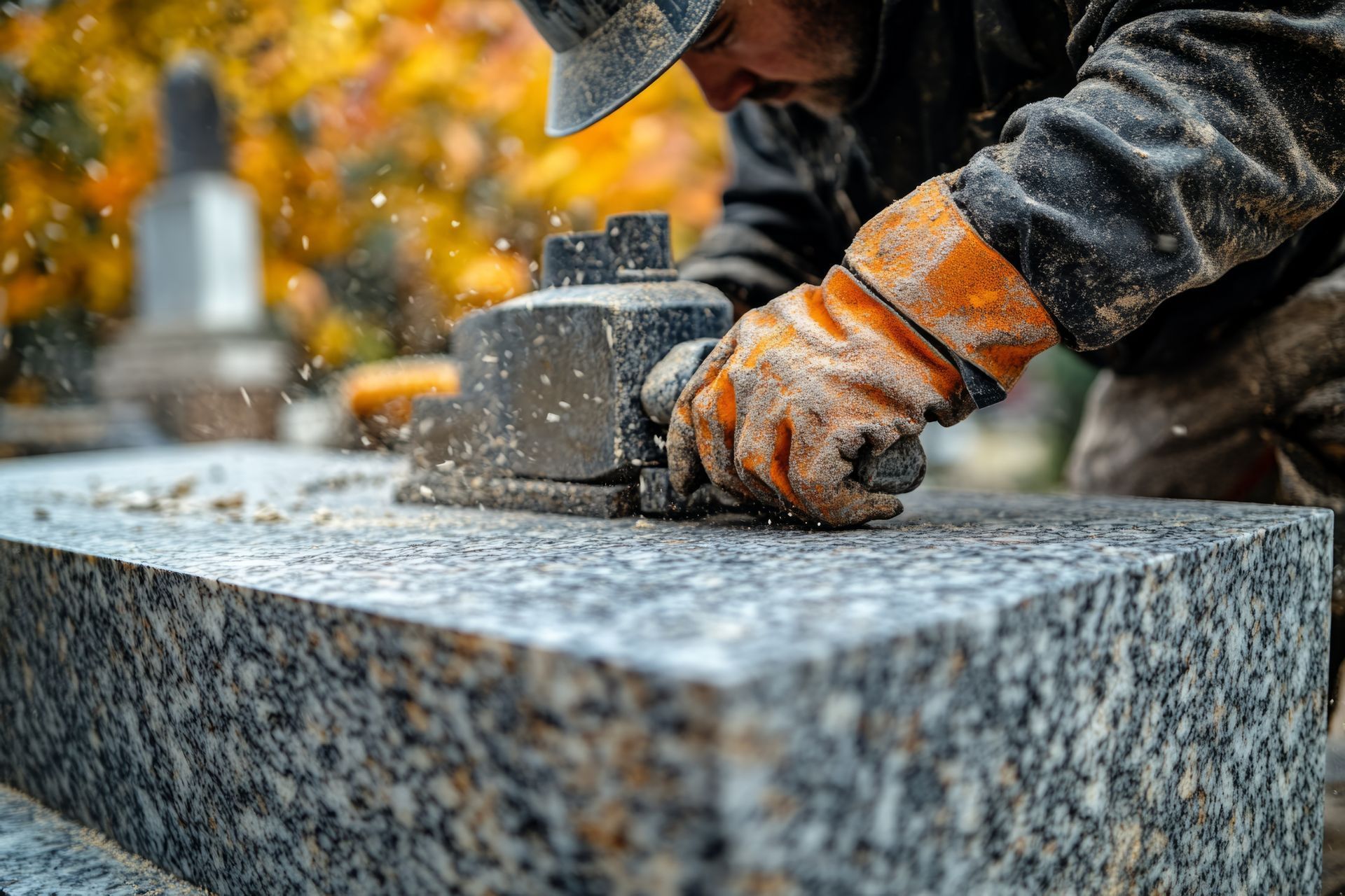 Person using a power tool to smooth a large granite block, outdoors.