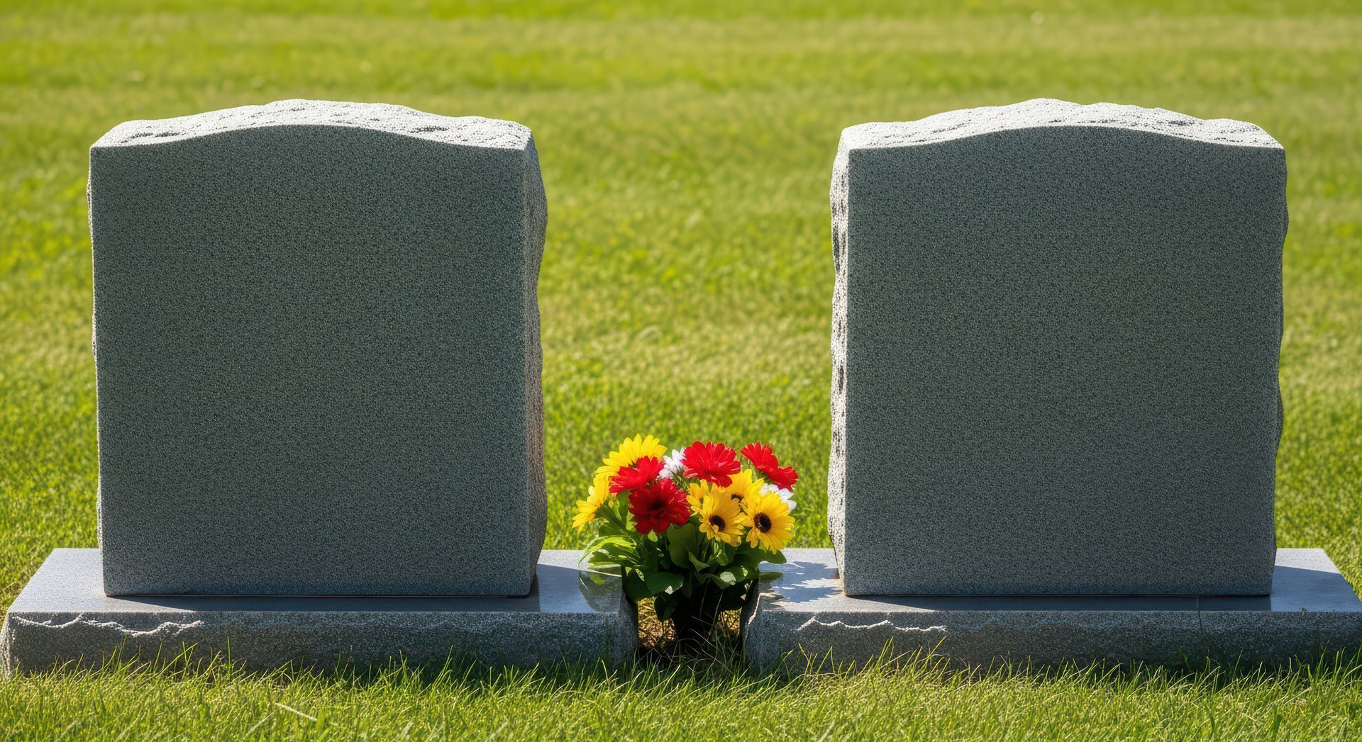 Two blank headstones with flowers in front on a grassy lawn.