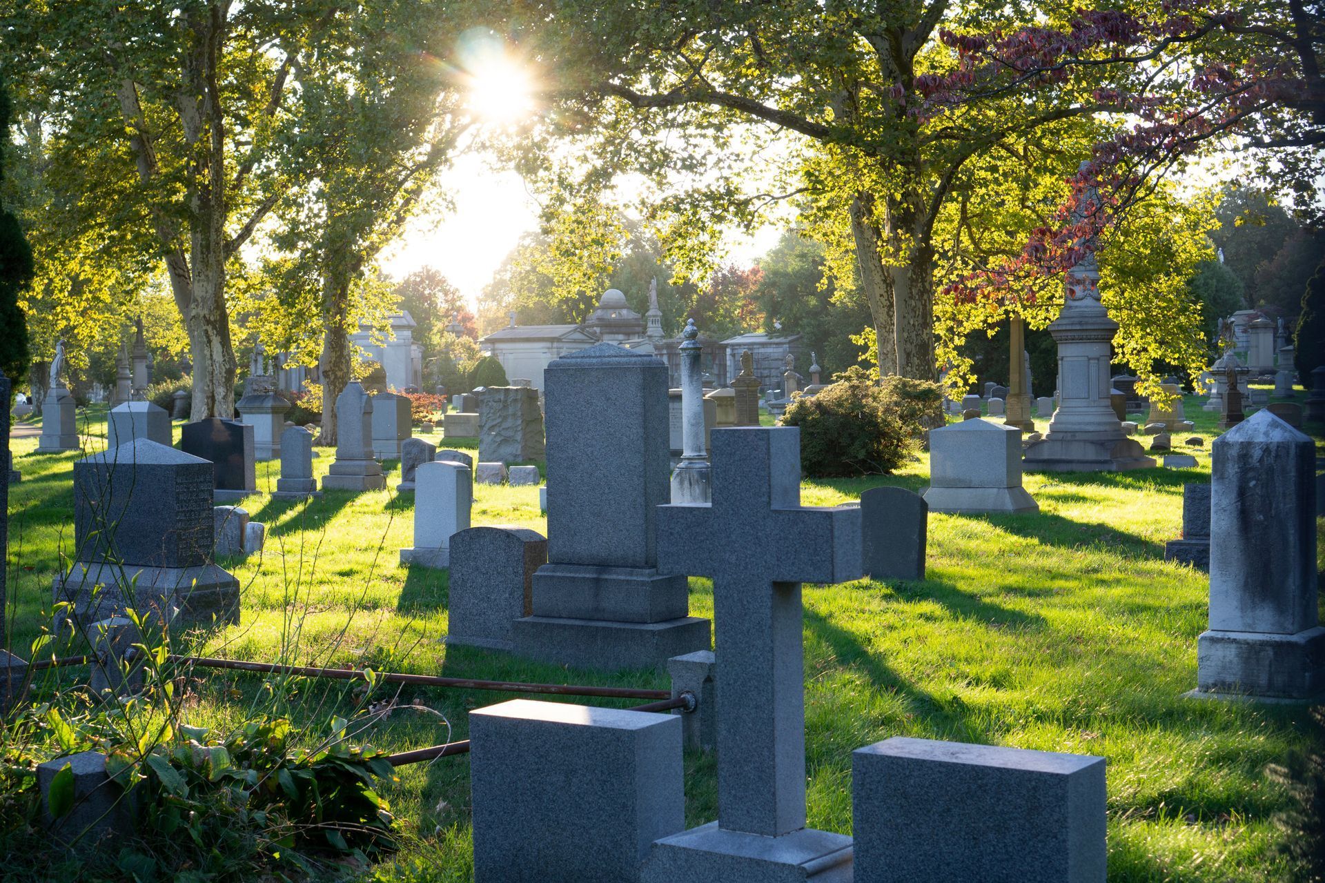 Cemetery with headstones and a cross, illuminated by sunlight filtering through trees.