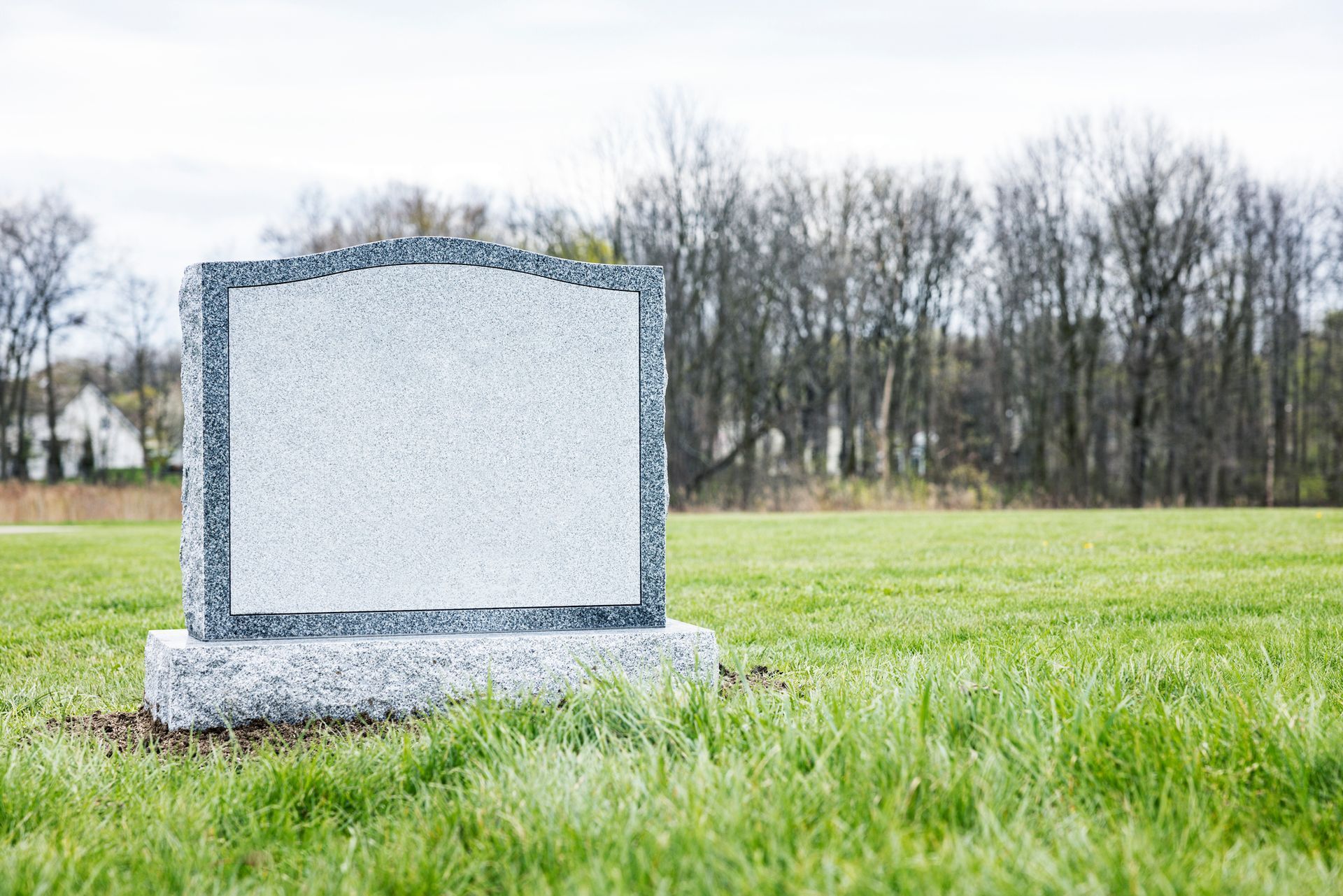 Blank tombstone in a grassy field with trees in the background under a cloudy sky.