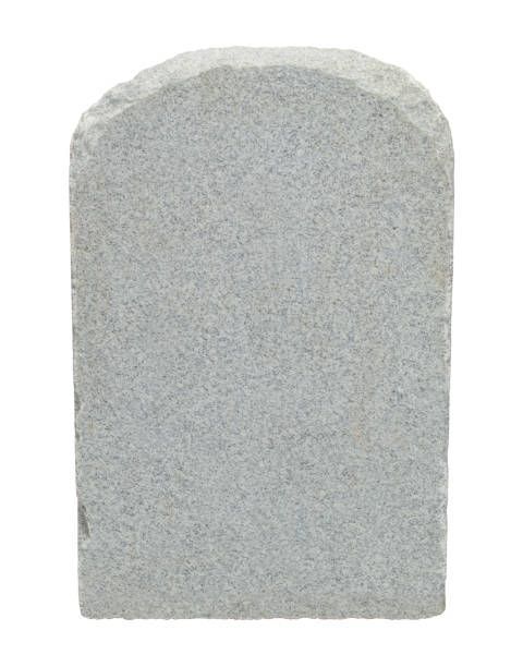 Blank, gray granite tombstone with an arched top, set against a white background.