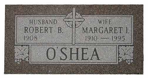 Gravestone for Robert B. and Margaret I. O'Shea, with dates and cross symbol.