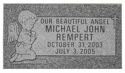 Gravestone for Michael John Rempert: angel graphic, inscription, cross, birth/death dates.