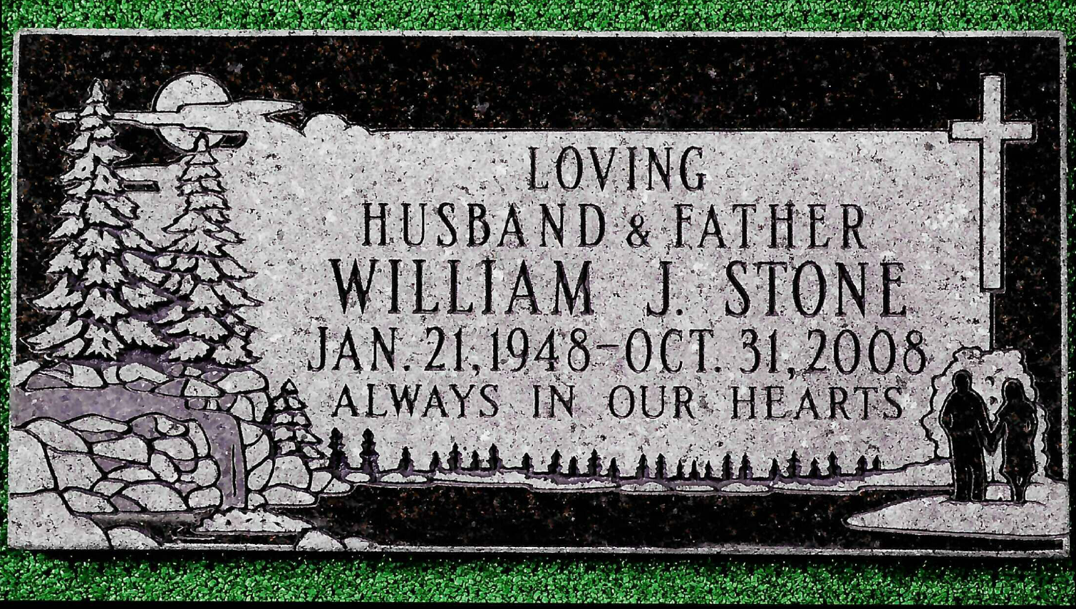 A headstone for William J. Stone (1948–2008) featuring engravings of trees, a waterfall, a cross, and two figures.