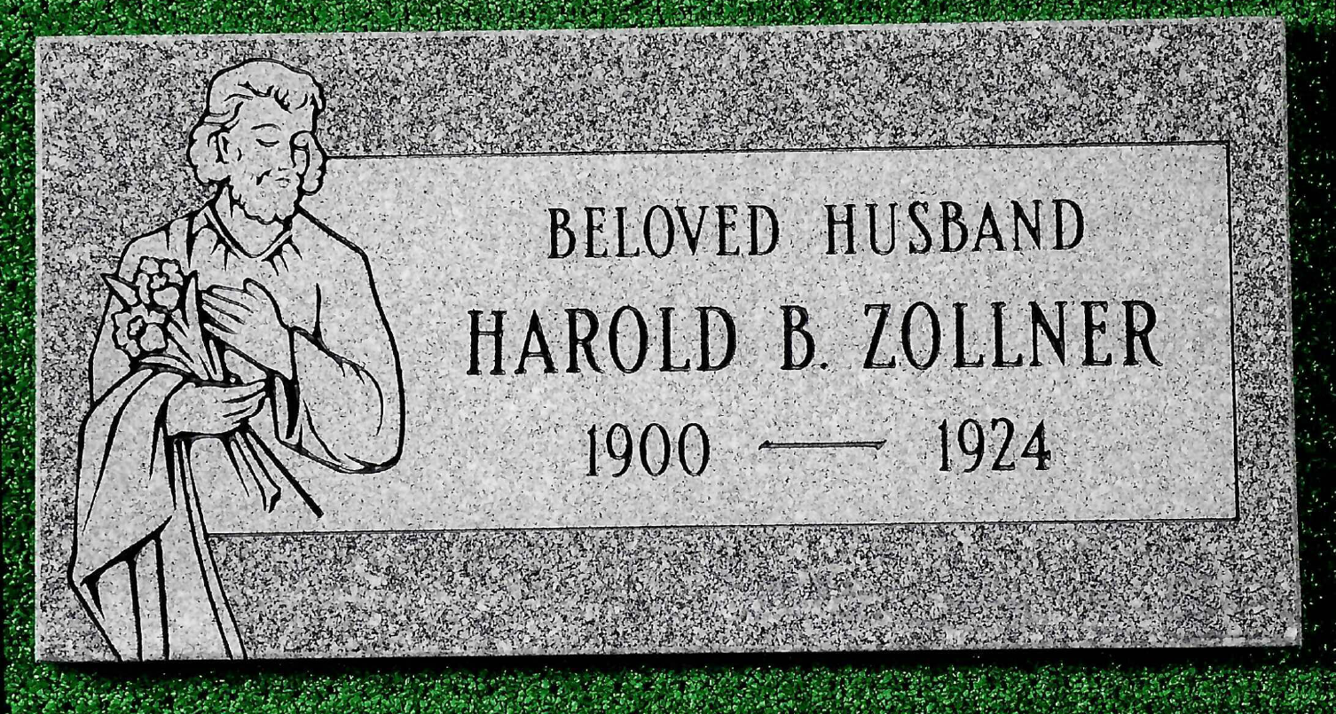 A granite grave marker for Harold B. Zollner (1900–1924) featuring an etched illustration of a person holding flowers.