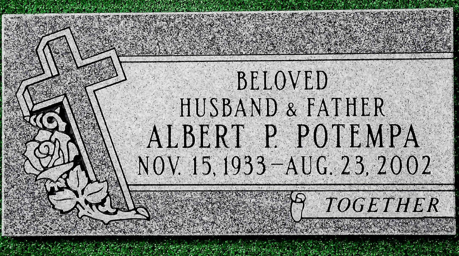 A granite grave marker for Albert P. Potempa, born Nov 15, 1933, died Aug 23, 2002, featuring an engraved cross and roses.