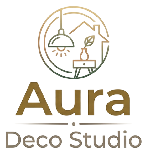 Logotipo de Aura Deco Studio con una lámpara, una planta y una casa dibujadas con líneas doradas sobre el nombre de la marca.