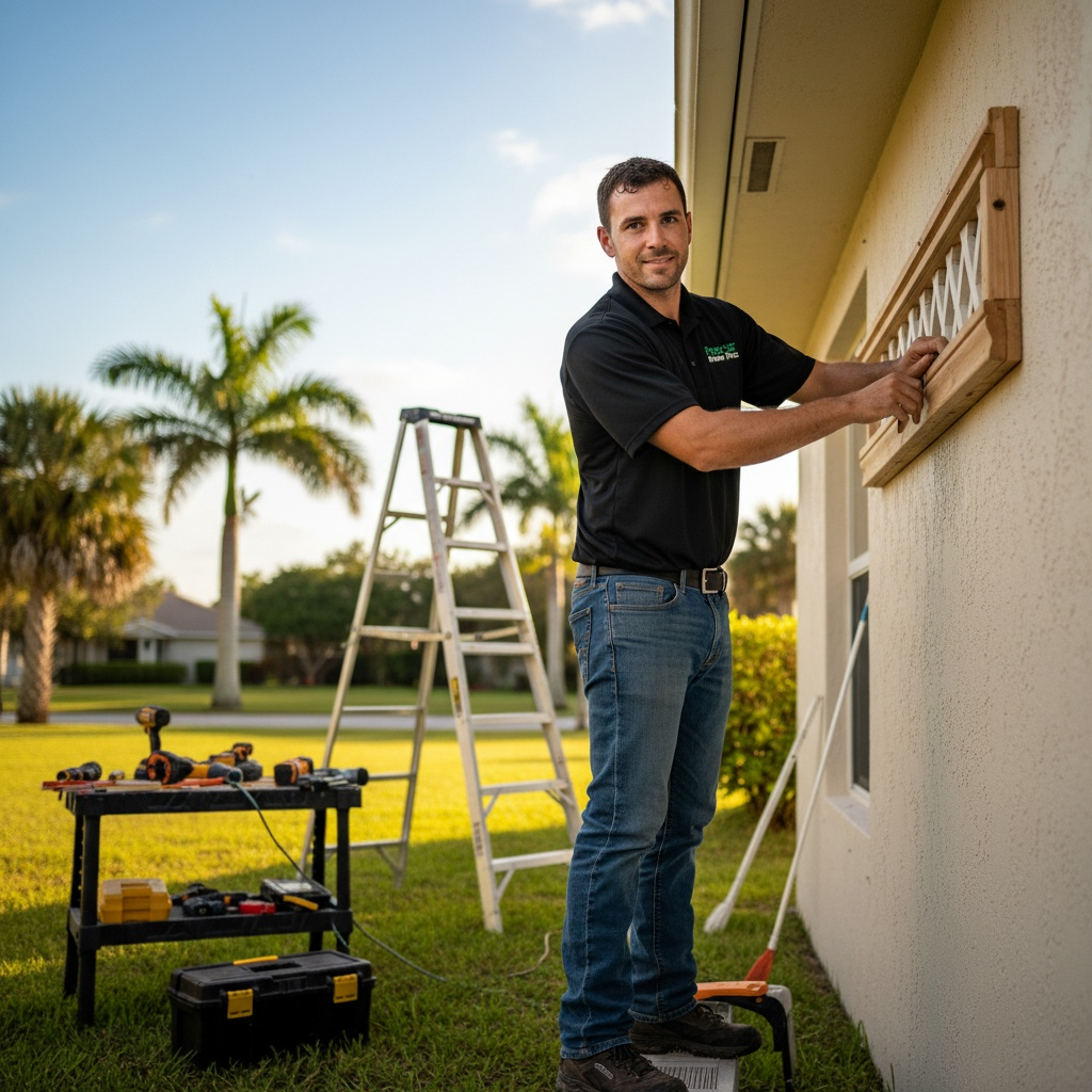 Worker mounting a wooden frame on a house exterior beside a ladder and tools, smiling at the camera