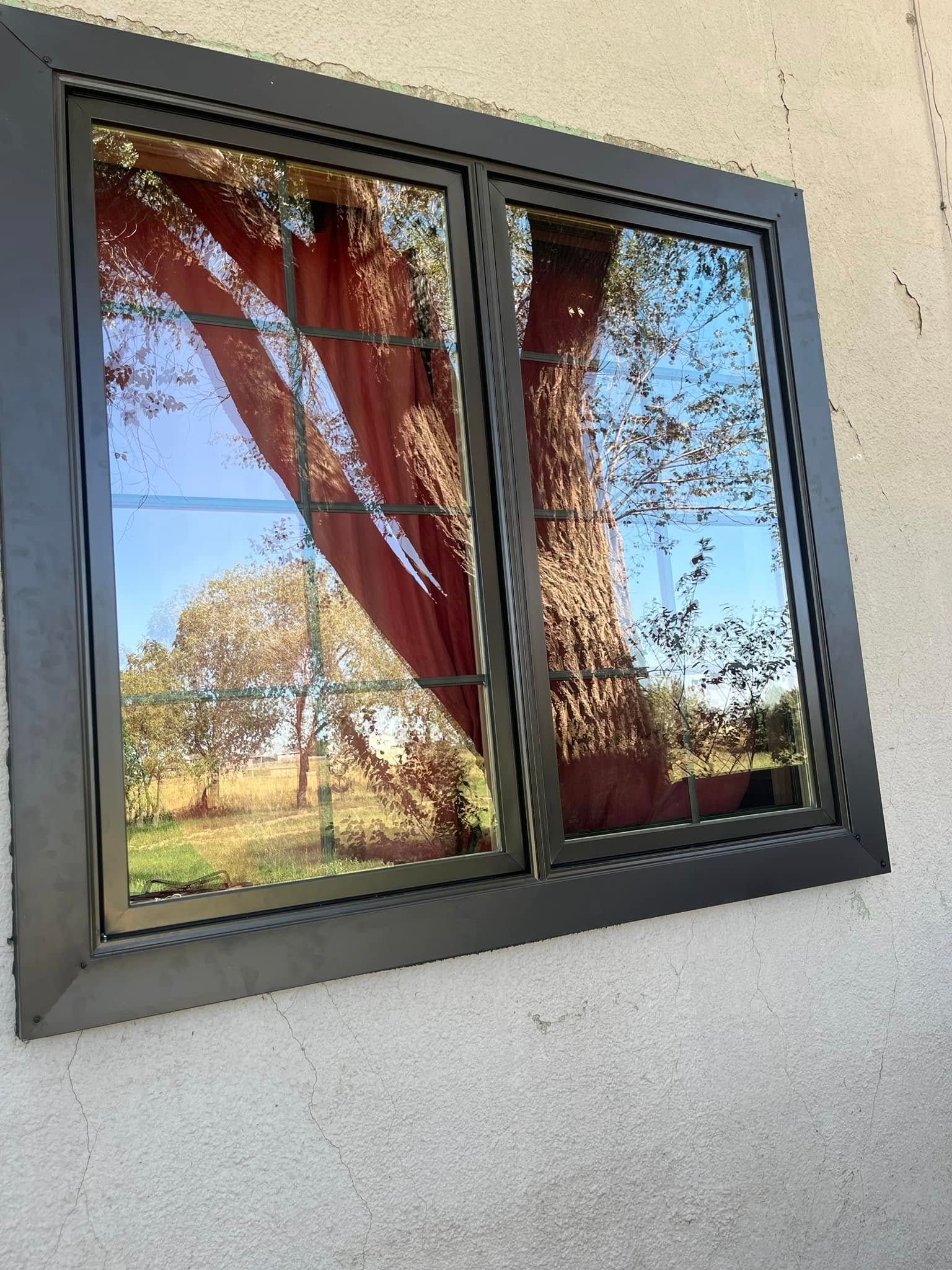 A window with a tree reflection in it is on a wall.
