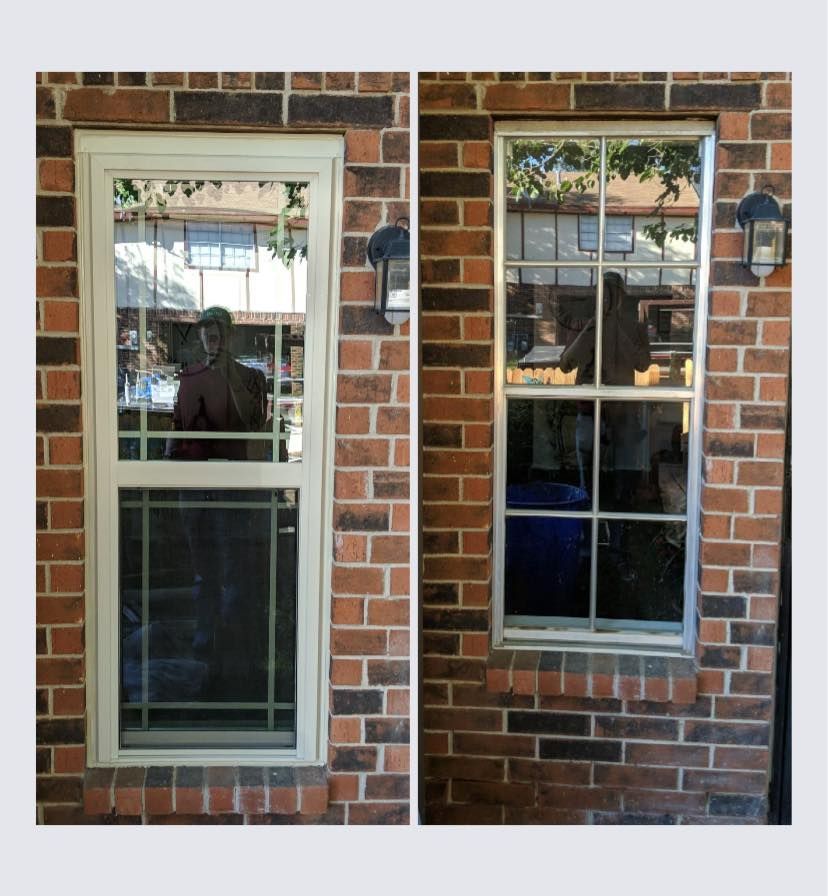 A before and after picture of a window on a brick wall.
