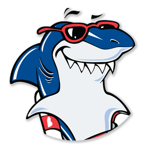 A blue and white shark wearing red sunglasses