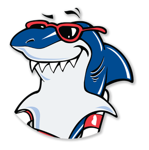 A blue and white shark wearing red sunglasses