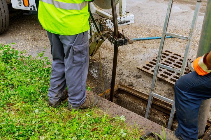 Workers in safety gear beside an open trench at a construction site