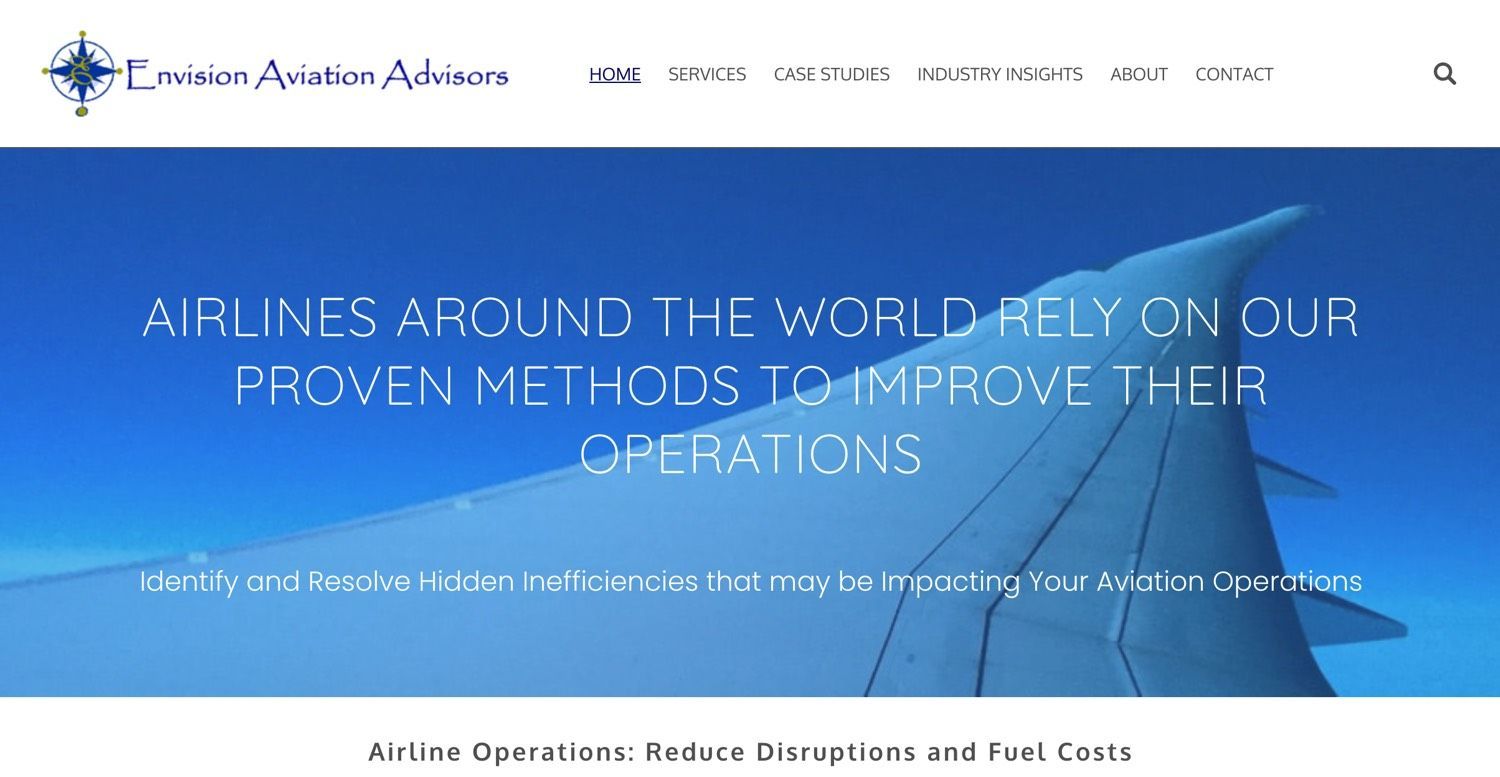Aviation consultant website home page screenshot of value proposition headline