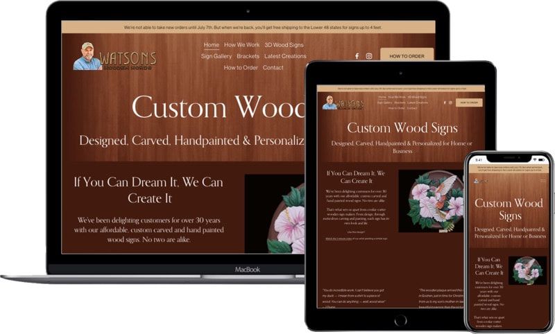 Watsons Wooden Words website home page shown on multiple devices