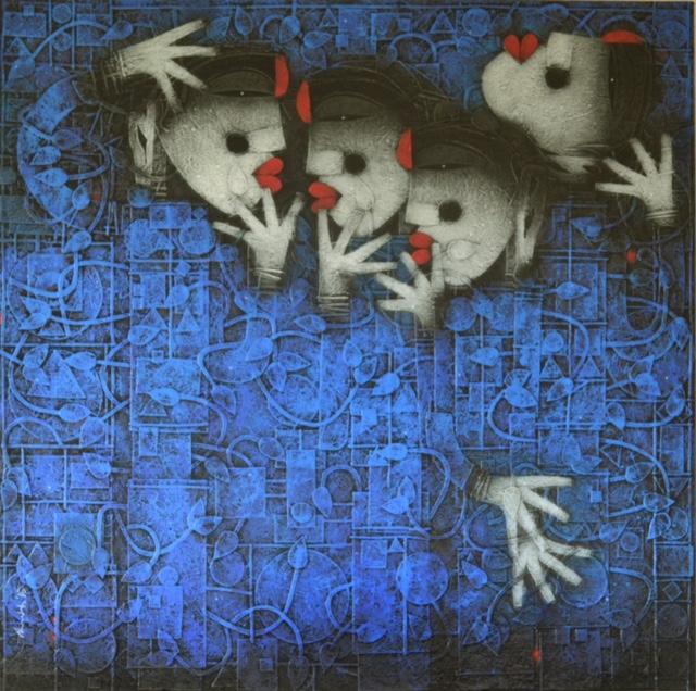 Gossip 48x48 inches mixed media on canvas