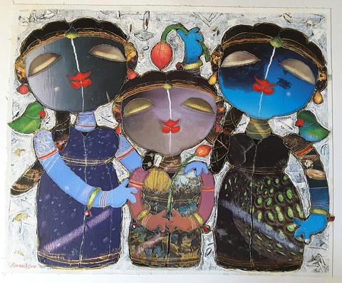 Sisters in festive 21x17 inches painting