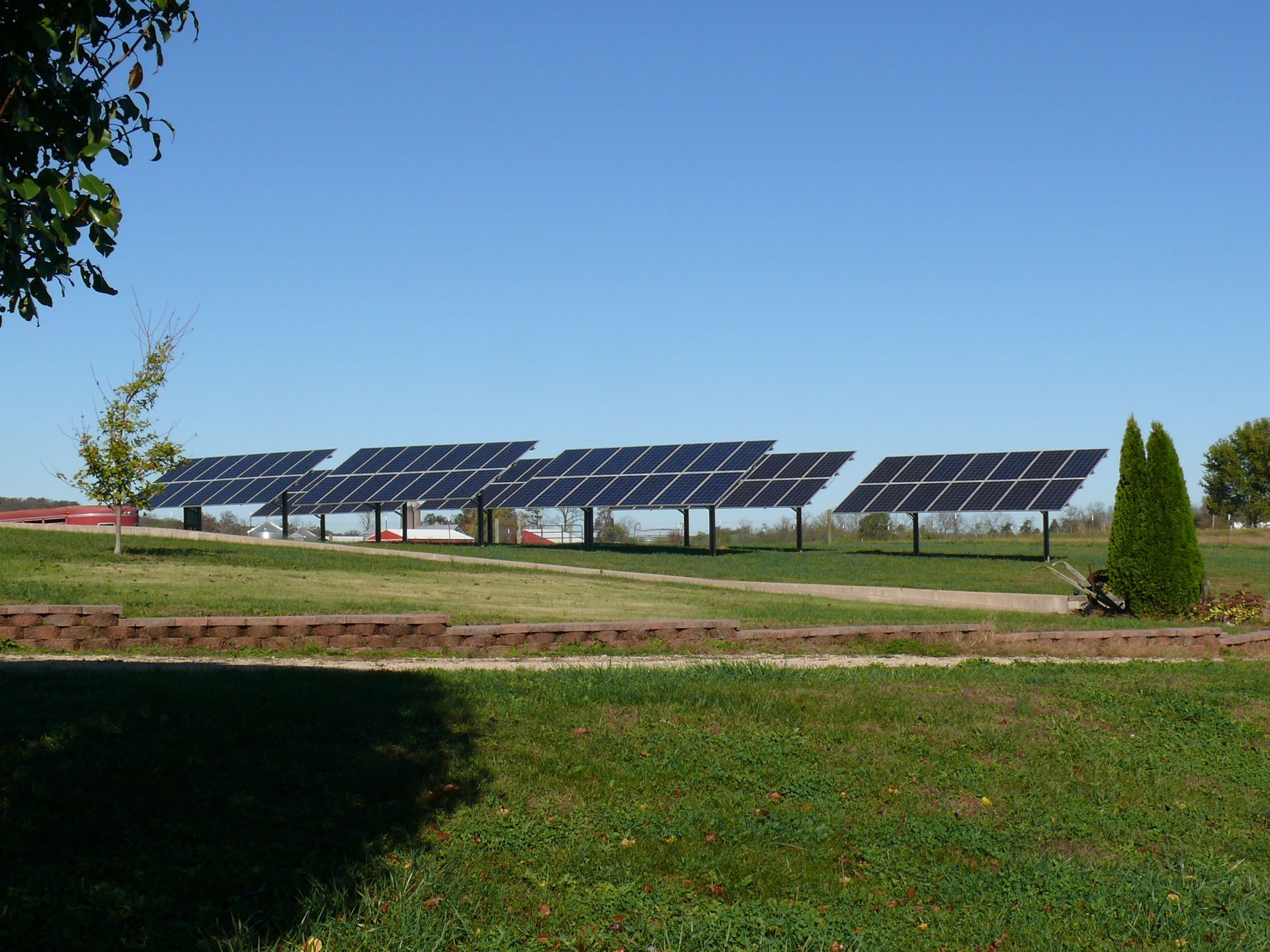 A row of solar panels are sitting in a grassy field.