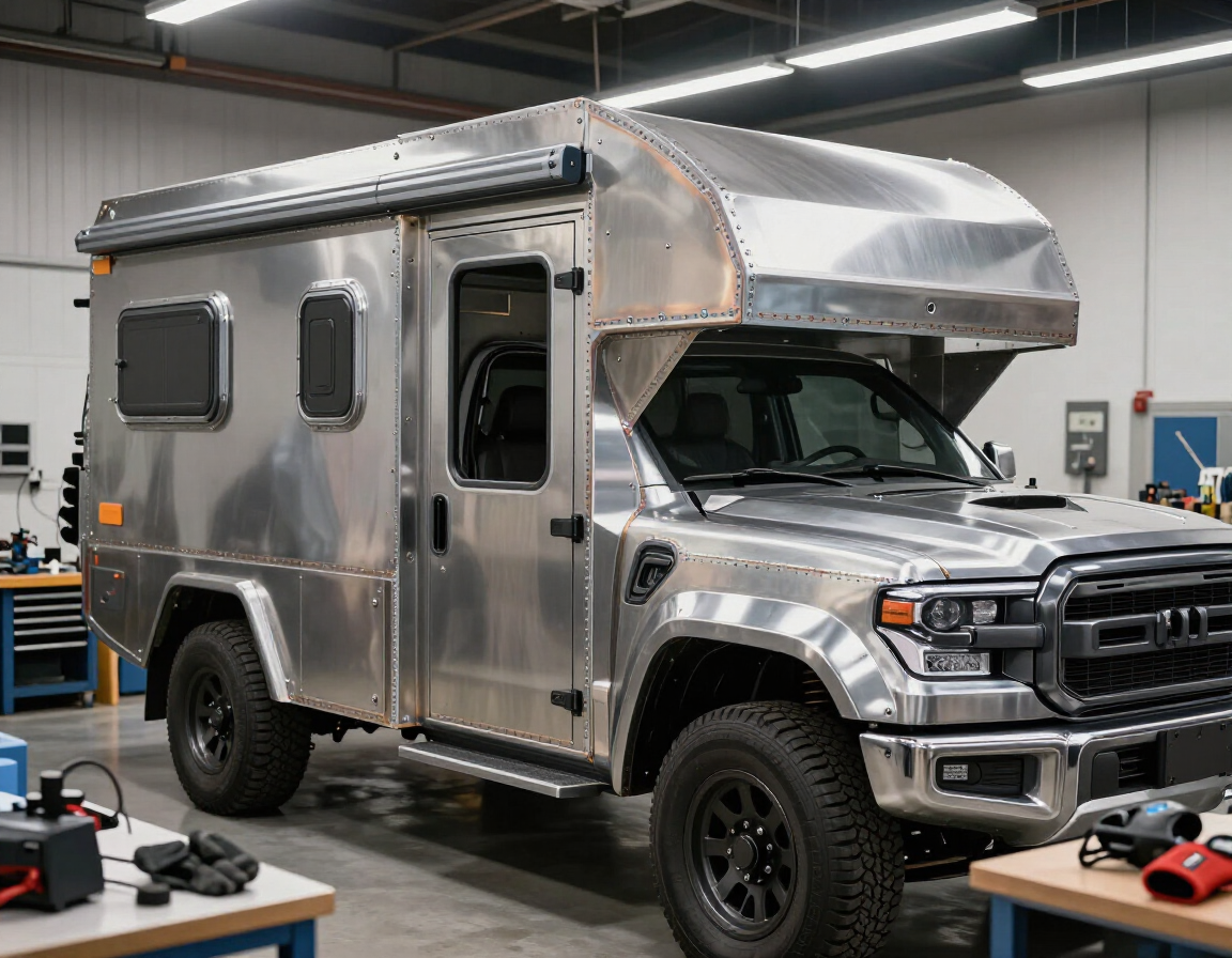 Una reluciente autocaravana todoterreno de aluminio, fabricada a medida, descansa en el interior de un luminoso taller.