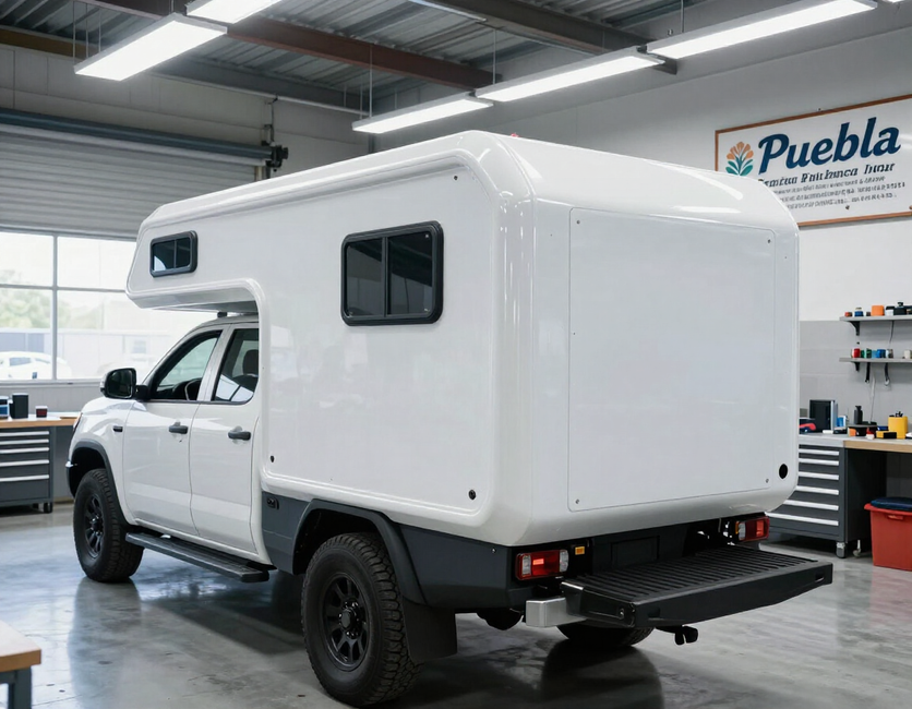 Instalación de camper de fibra de vidrio en taller