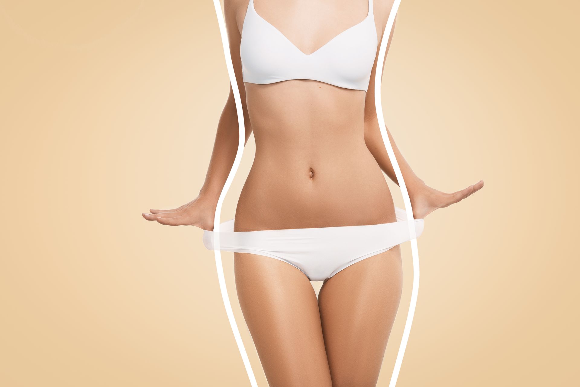 A woman in a white bikini is standing in front of a beige background.