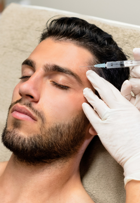 a man is holding a syringe in front of his face .