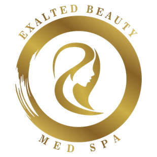 the logo for exalted beauty med spa has a woman 's face in a circle .