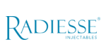 the radiesse injectables logo is blue and white on a white background .