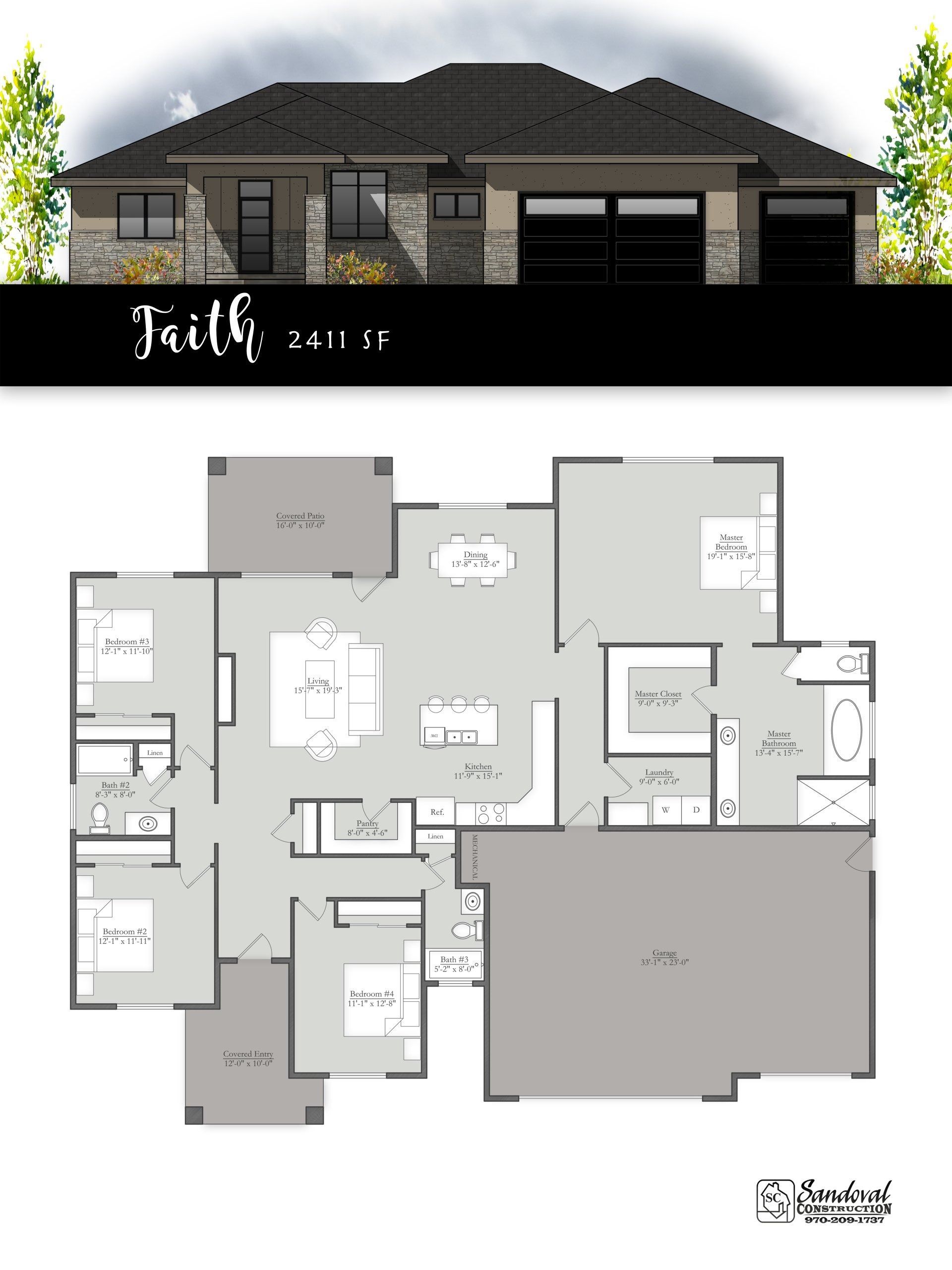 Architectural rendering and floor plan for a modern single-story house named