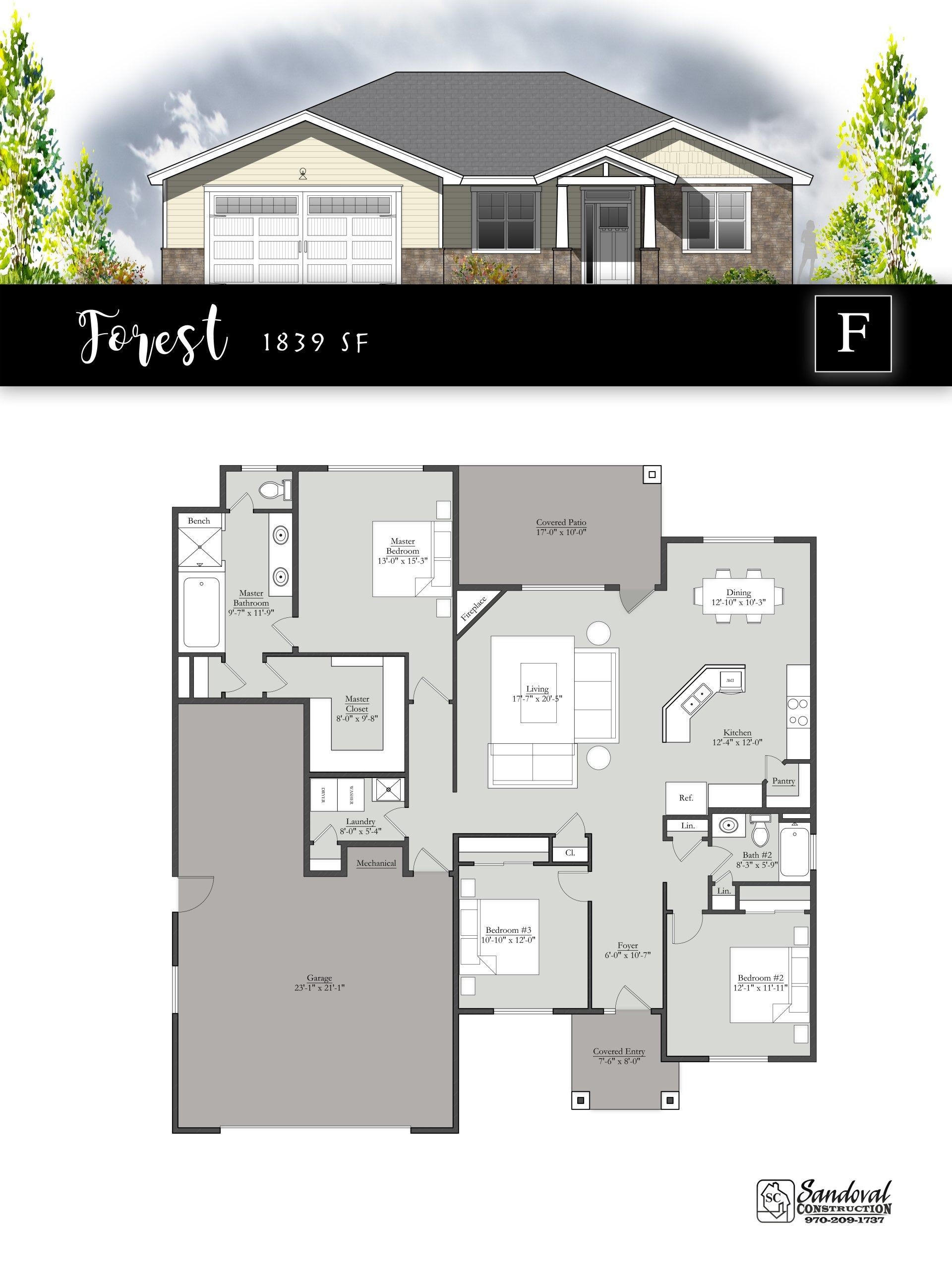 Architectural rendering and floor plan for a 1537 square foot residential home titled