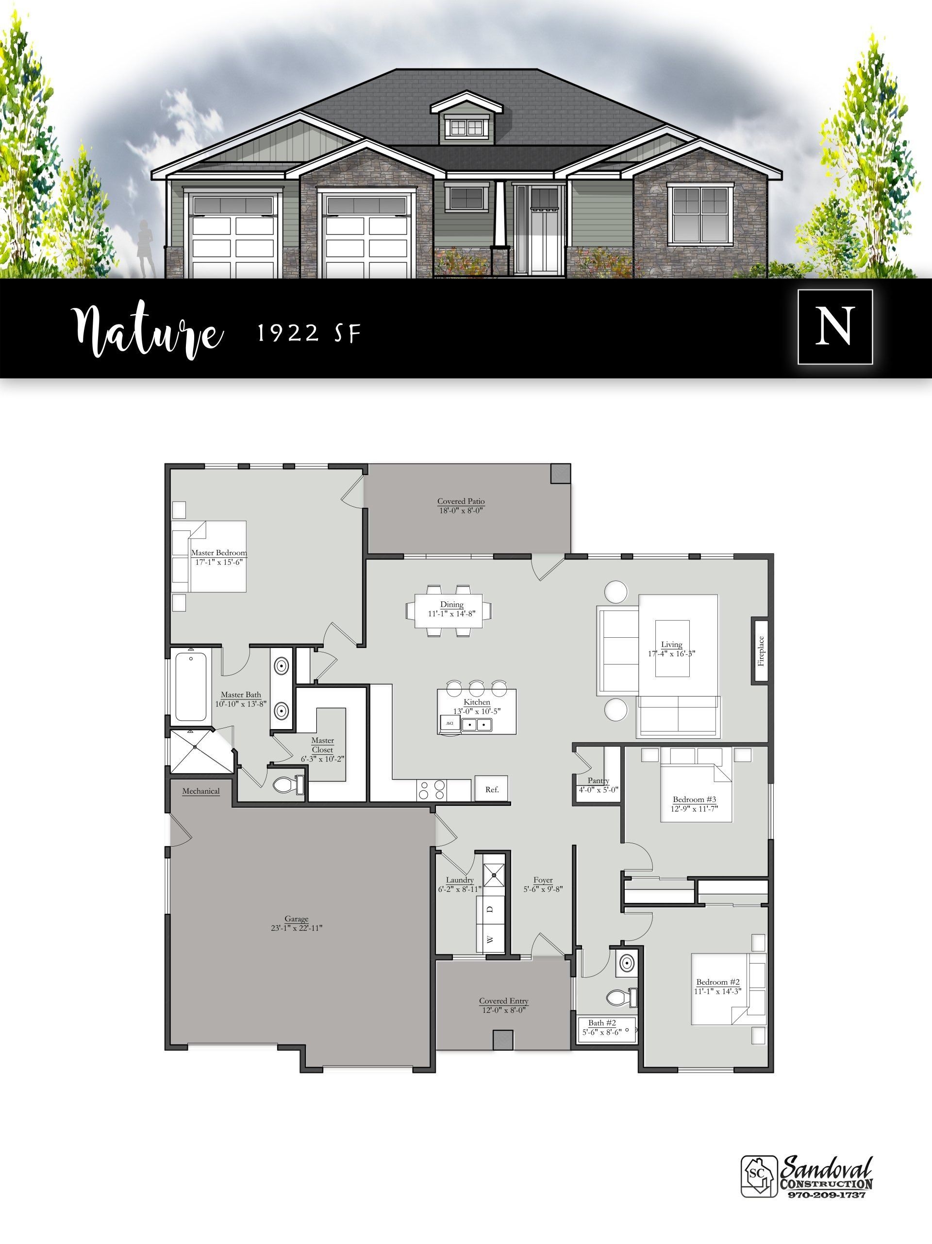 An architectural rendering and floor plan for a house named