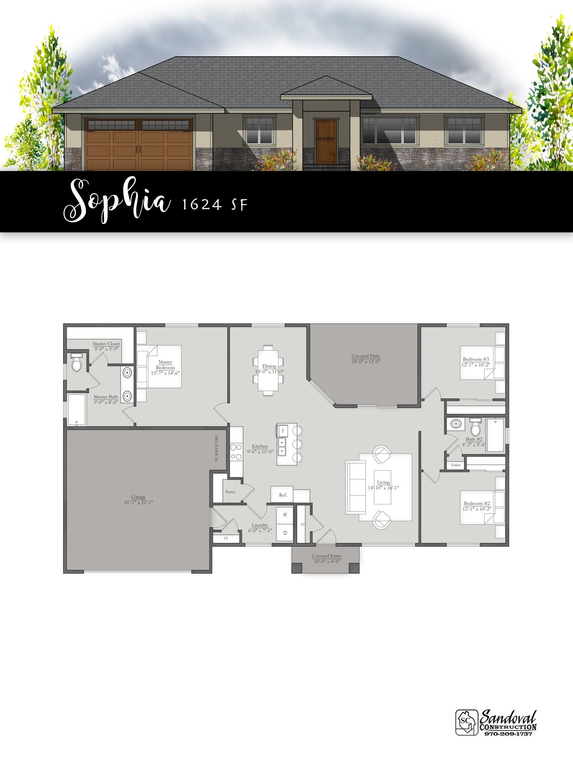 Architectural elevation and floor plan for a 1,660-square-foot residential home named