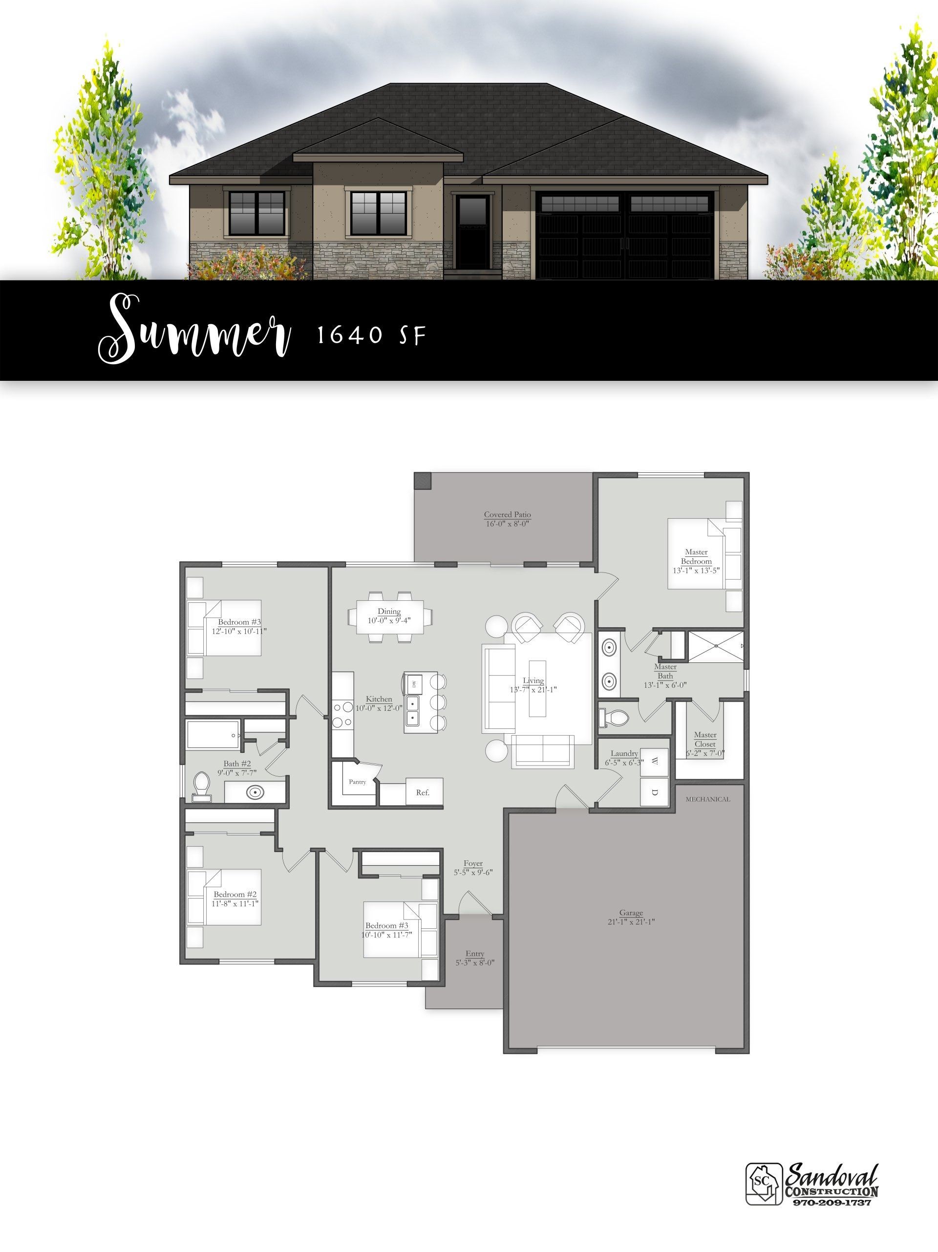 Architectural rendering and floor plan for a single-story, three-bedroom house titled