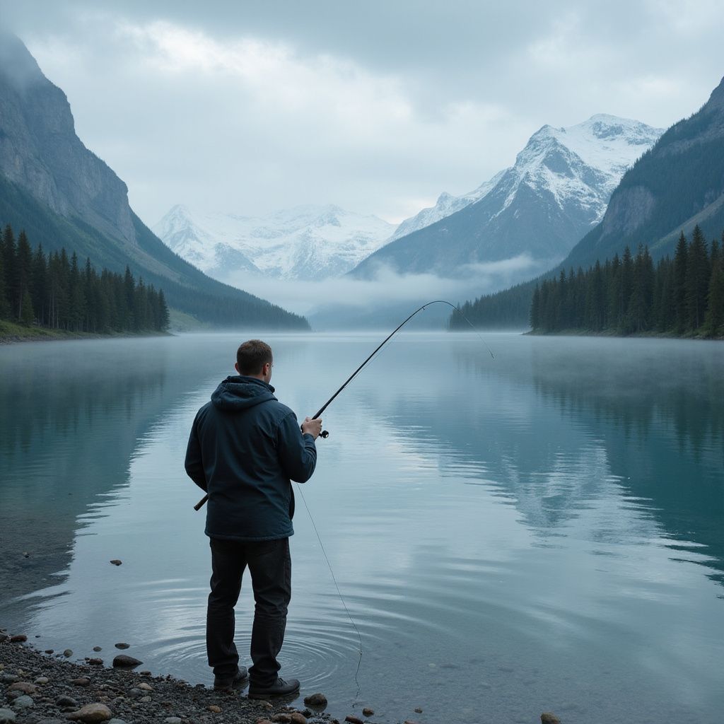 Man fishing on a misty lake with snow-capped mountains in the background.