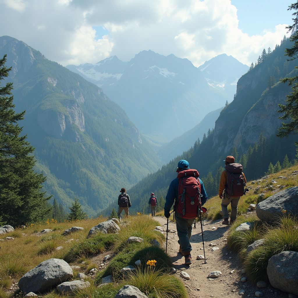 Hikers on a trail through a mountain valley; trees and peaks in the background; sunny.