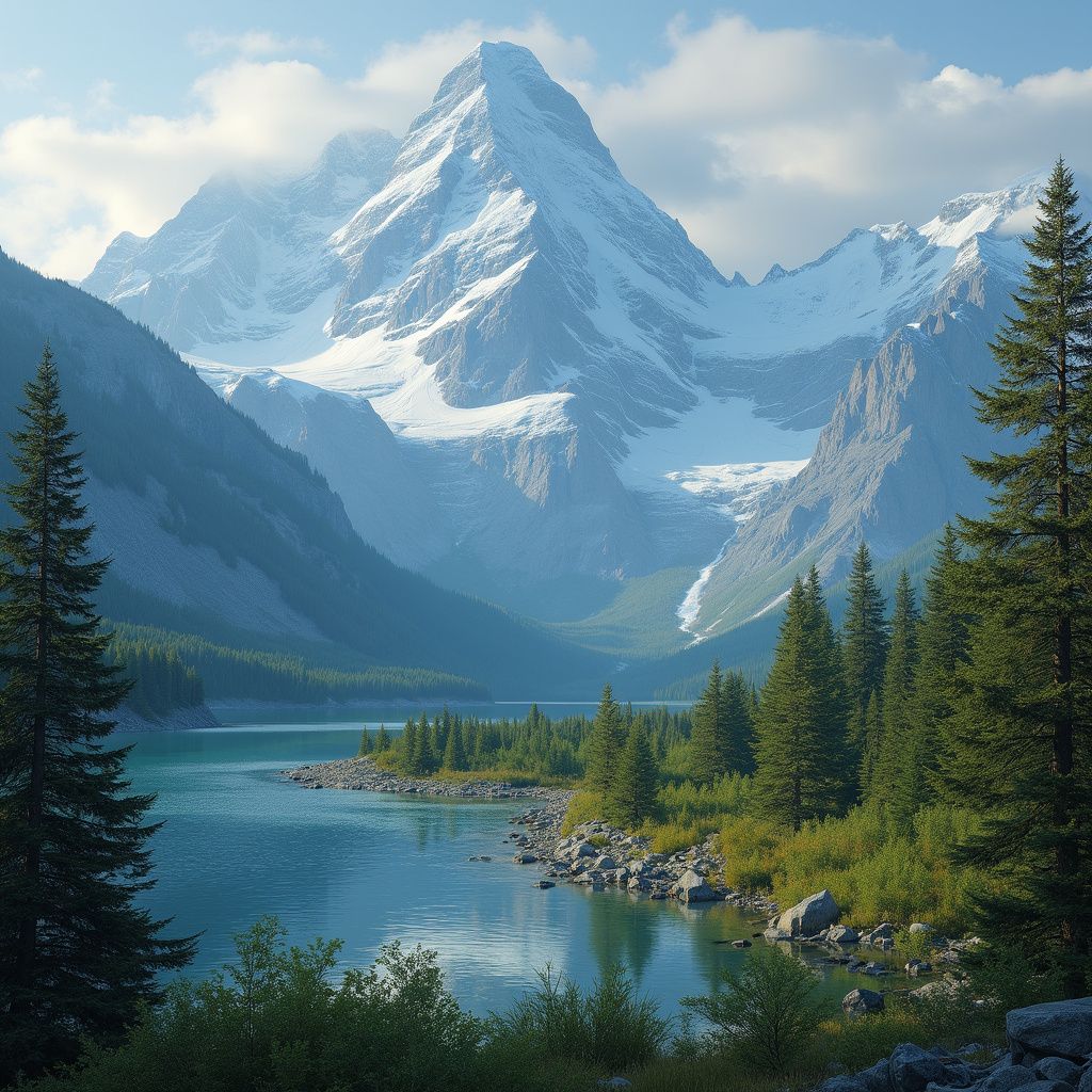 Snow-capped mountains reflected in a calm lake, surrounded by green trees under a cloudy sky.