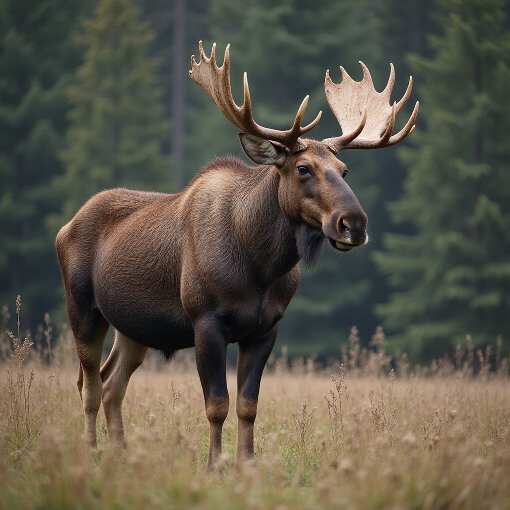 Moose with large antlers standing in a field of tall grass, with trees in the background.