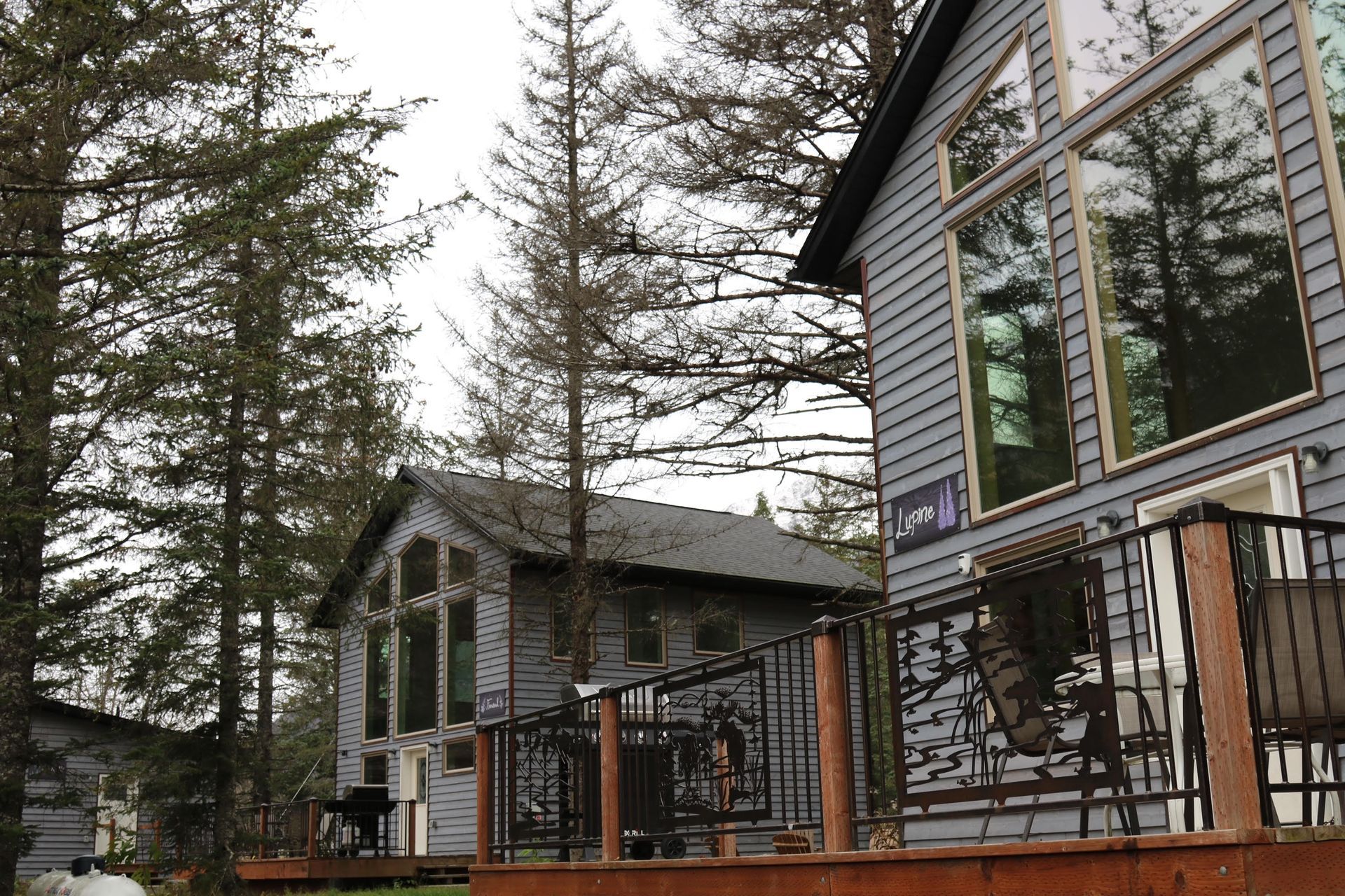 Two gray cabins with large windows and wooden decks, surrounded by trees.