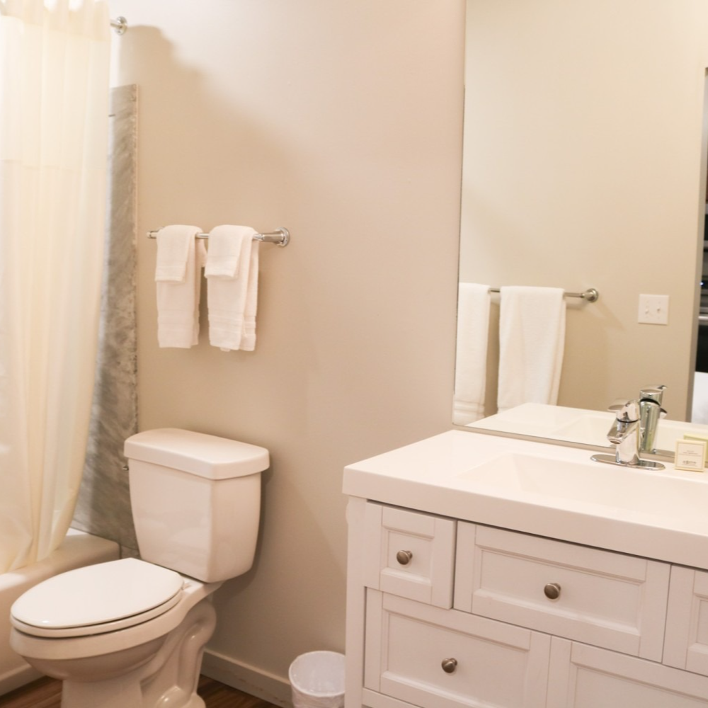 Bathroom with toilet, vanity, mirror, shower, and towels; neutral colors.